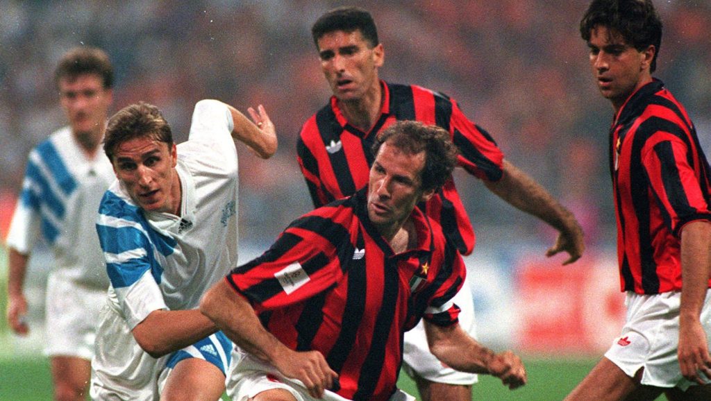 UEFA Champions League Final, Munich, Germany, 26th May 1993, Marseille 1 v AC Milan 0, Marseille's Alen Boksic and AC Milan's Franco Baresi battle for the ball