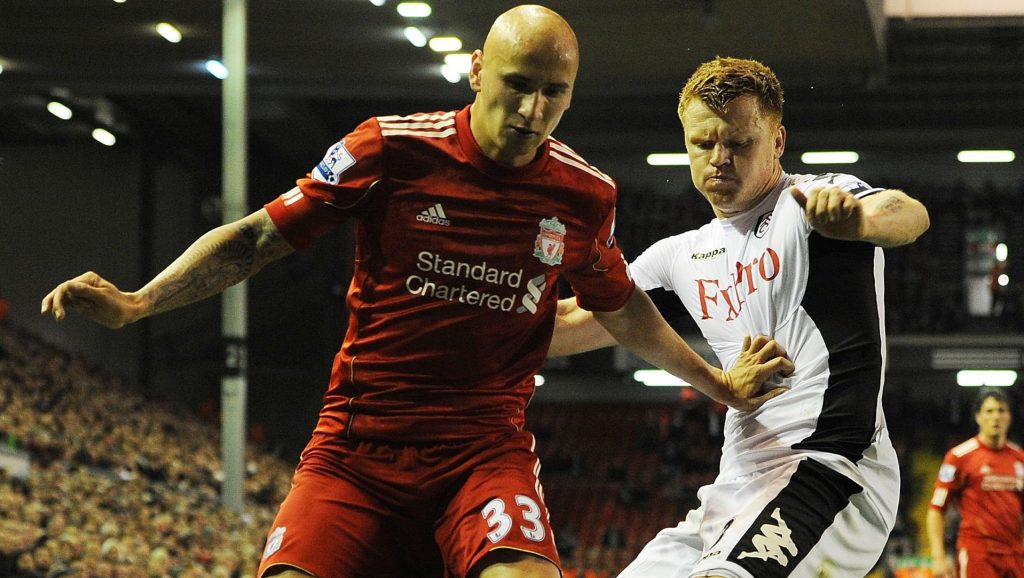 Jonjo Shelvey Liverpool John Arne Riise of Fulham Premier League 2012