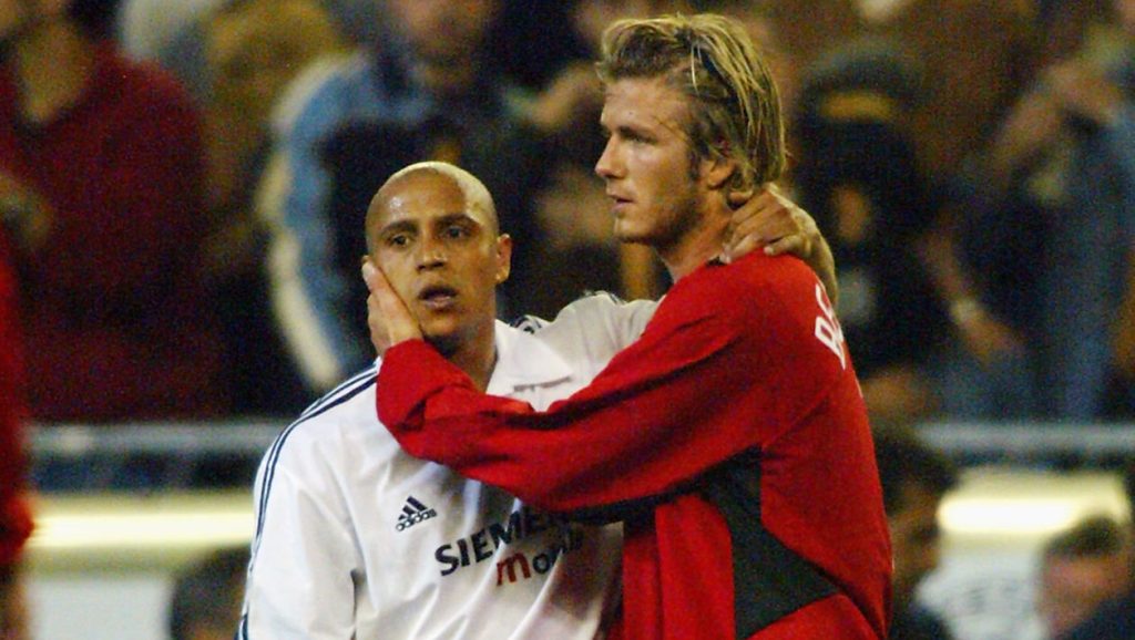 Roberto Carlos Real Madrid David Beckham Manchester United UEFA Champions League quarter-final first leg match held on April 8, 2003