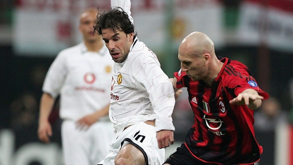 Ruud Van Nistelrooy Manchester United Jaap Stam AC Milan during the Champions League last 16, second leg match between Milan and Manchester United 2005