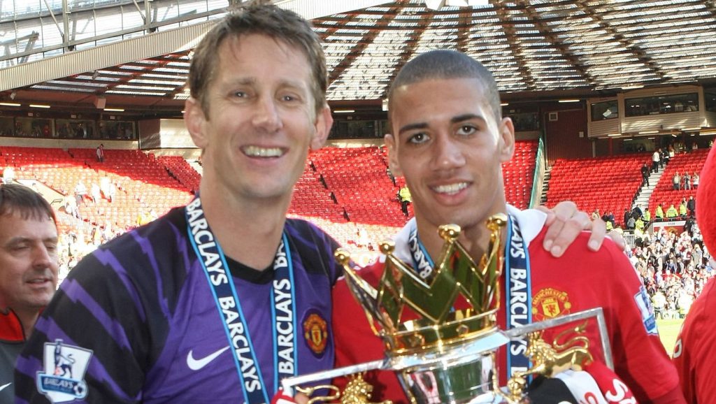 Edwin van der Sar Chris Smalling Manchester United Premier League trophy 2011